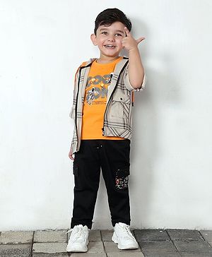 BAD BOYS Cotton Space Theme Printed Tee & Pant With Full Sleeves Checked Hooded Jacket Set - Khaki