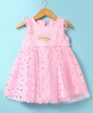 Babyhug Knit Sleeveless Party Dress With Foil Print - Pink
