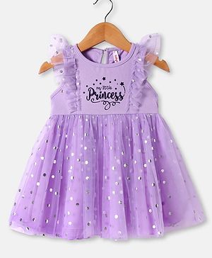 Babyhug Knit Frill Sleeves Party Dress With Foil & Text Print - Lilac