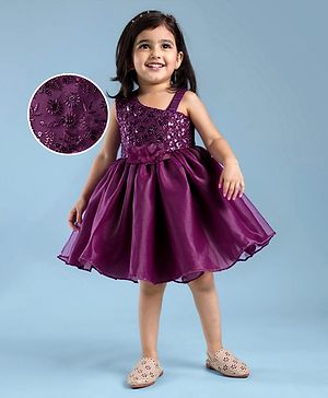 Babyhug Woven Sleeveless One Shoulder Party Dress With Sequin & Floral Embroidery & Applique - Wine