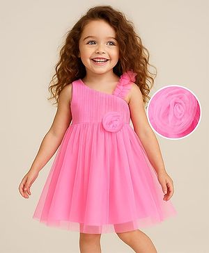 Babyhug Woven Sleeveless Fit & Flare Mesh Party Dress with Floral Corsage - Pink