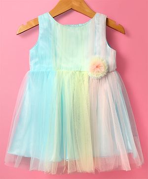 Babyhug Woven Sleeveless Party Mesh Dress With Floral Corsage - Multicolor