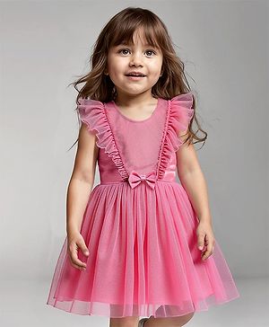 Babyhug Woven Frill Sleeves Fit & Flare Mesh Party Dress with Bow Applique - Pink