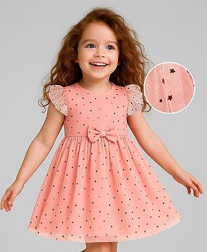 Babyhug Woven Frill Sleeves Mesh Dress with Bow Applique & Star Foil Print - Peach