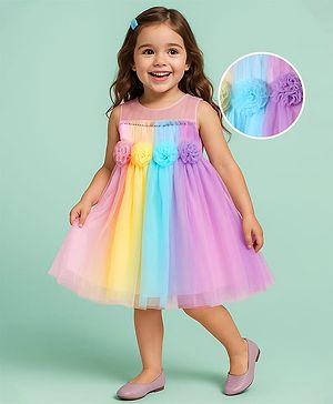 Babyhug Woven Sleeveless Mesh Party Dress With Floral Corsage - Multicolor