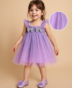 Babyhug Sleeveless Pearls & Bow Detailing A-Line Mesh Party Dress - Lilac