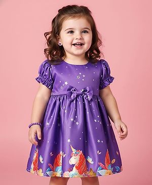 Babyhug Woven Half Sleeves Party Dress With Unicorn Print & Bow Applique - Purple