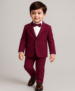 Babyhug Woven Full Sleeves Solid 3 Piece Party Suit With Bow - Maroon