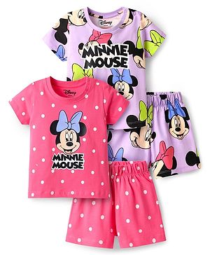 Babyhug Disney Single Jersey Knit Half Sleeves Co-Ord Shorts Night Suit with Minnie Mouse Print Pack of 2 - Pink & Lilac