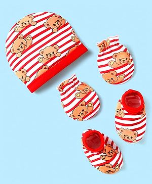 Babyhug 100% Cotton Interlock Knit Cap Mittens & Booties Set With Stripes & Animal Print Red - Diameter 14 cm