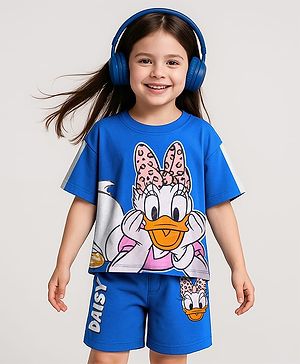 Babyhug Disney Single Jersey Half Sleeves Oversize Drop Shoulder T-Shirt & Shorts Set With Daisy Duck Graphics - Blue