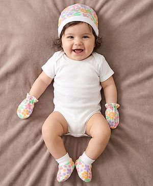 Babyhug 100% Cotton Knit Cap Mittens & Booties With Floral Print  White - Diameter 10cm