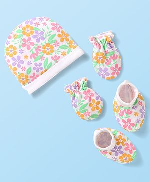 Babyhug 100% Cotton Knit Cap Mittens & Booties With Floral Print White - Diameter 12cm