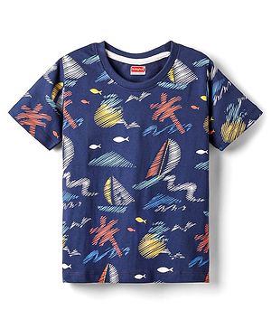 Babyhug Cotton Knit Half Sleeves T-Shirt with Nautical Theme Print - Navy Blue