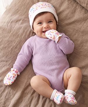 Babyhug 100% Cotton Knit Cap Mittens & Booties With Animal & Floral Print White - Diameter 10cm