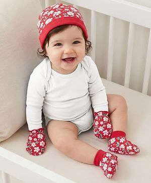 Babyhug 100% Cotton Interlock Knit Cap Mittens & Booties With Floral Print Red - Diameter 10 cm