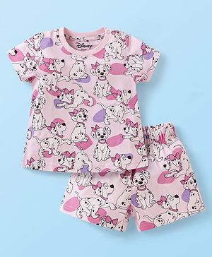 Babyhug Disney Single Jersey Knit Half Sleeves Shorts Night Suit with 101 Dalmatian Print - Pink