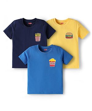 Babyhug Cotton Knit Half Sleeves T-Shirts With Fries & Burger Print Pack of 3 - Navy Blue Blue & Yellow