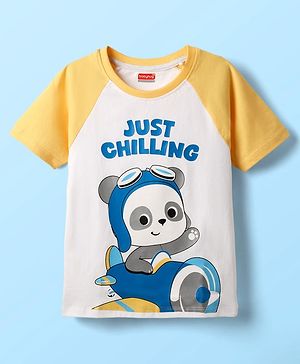 Babyhug Cotton Knit Half Raglan Sleeves T-Shirt with Panda Print - Yellow & White