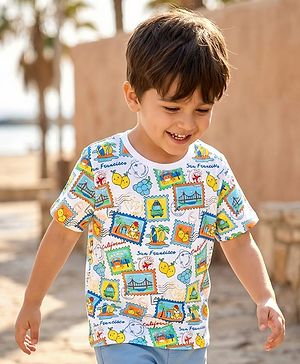 Babyhug Cotton Knit Half Sleeves Oversized T-Shirt with Beach Theme Print - White
