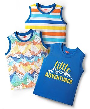 Babyhug Cotton Knit Sleeveless Tank T-Shirts with Mountain Print & Stripes Pack of 3 - Blue