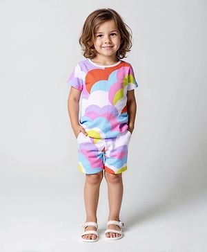 Bonfino 100% Cotton Knit Half Drop Shoulder Sleeves Oversized Co-ords T-Shirt & Cycling Shorts Set with Cloud Print - White