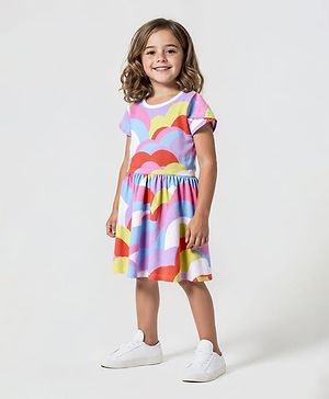 Bonfino 100% Cotton Knit Half Sleeves Dress with Clouds Print - White