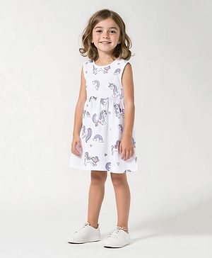 Bonfino 100% Cotton Knit Sleeveless Dress with Unicorn Print - White