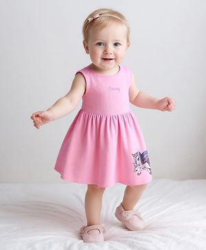 Bonfino 100% Cotton Knit Sleeveless Dress with Bloomer Unicorn Print & Text Embroidery - Pink