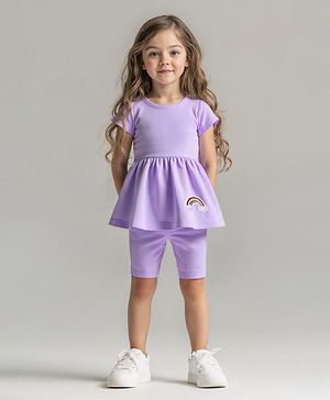 Bonfino 100% Cotton Knit Half Sleeves T-Shirt & Cycling Shorts Set with Rainbow Patch - Lavender