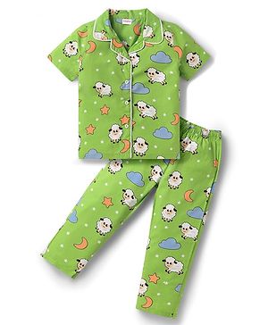 Babyhug Poplin Woven Half Sleeves Front Open Co-ords Night Suit with Ship Print - Light Green