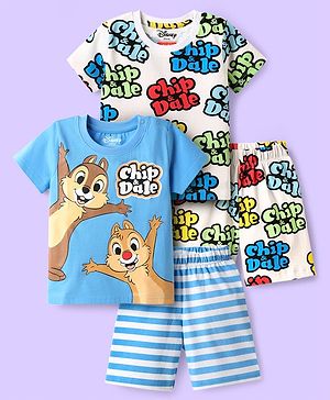Babyhug Disney Single Jersey Knit Half Sleeves Shorts Night Suit with Chip & Dale Print Pack of 2 - Light Blue & White