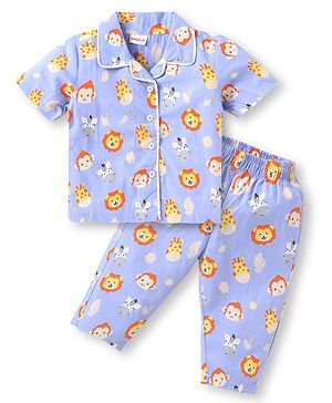Babyhug Poplin  Woven Half Sleeves Nightsuit With Animal Print - Light Blue