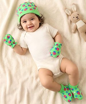 Babyhug 100% Cotton Cap Mittens & Booties Set With Floral & Tropical Theme Print Green - Diameter 14 cm