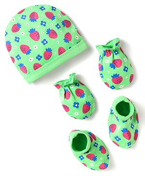 Babyhug 100% Cotton Cap Mittens & Booties Set With Floral & Tropical Theme Print Green - Diameter 15 cm