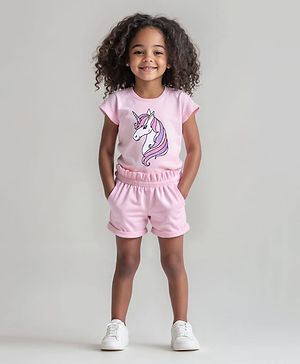 Bonfino 100% Cotton Knit Short Sleeves Unicorn Printed T-Shirt & Shorts Set - Pink