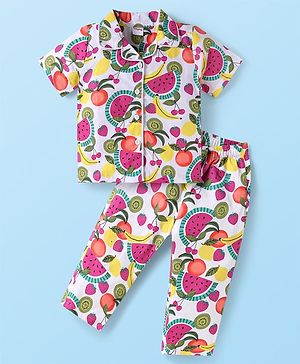 Babyhug Poplin Woven Half Sleeves Night Suit With Tropical Print - White & Pink