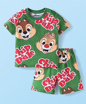 Babyhug Disney Single Jersey Knit  Half Sleeves Shorts Night Suit With Chip 'N Dale Print - Olive Green