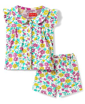 Babyhug Cotton Kit Frill Sleeves Co-ords Peter Pan Collared Front Open Shorts Night Suit with Floral Print - White