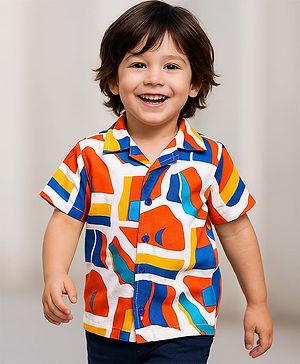 Babyhug Viscose Woven Half Sleeve Resort Collar Abstract Print Shirt - White Blue & Orange