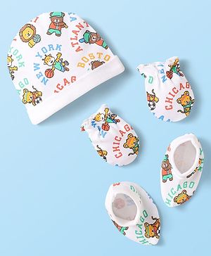 Babyhug 100% Cotton Interlock Knit Cap Mittens & Booties Set With Animal Print White - Diameter 10 cm