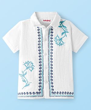Babyhug Cotton Woven Half Sleeves Shirt With Embroidery - White