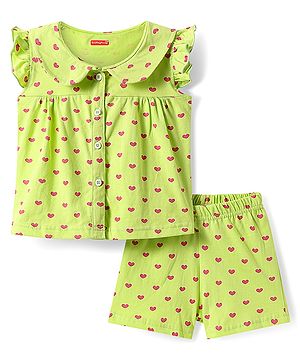 Babyhug Cotton Kit Frill Sleeves Co-ords Peter Pan Collared Front Open Shorts Night Suit with Hearts Print - Light Green
