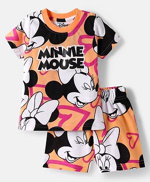 Babyhug Disney Single Jersey Knit Half Sleeves Co-ords Shorts Night Suit with Minnie Mouse Print - Orange