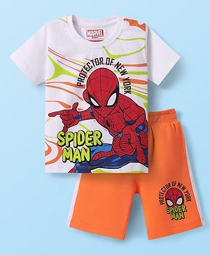 Babyhug Marvel Single Jersey Knit Half Sleeves T-Shirt & Shorts Set With Spider-Man Graphics - White & Orange