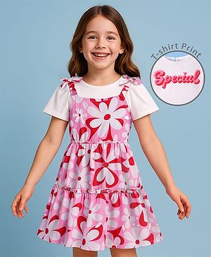 Pine Kids Cotton Knit Floral Print Frock with Half Sleeves Inner Tee - Pink & White