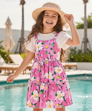 Pine Kids Cotton Knit Floral Printed Tiered Frock with Half Frill Sleeves Inner Tee - Pink & White