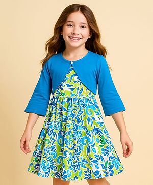 Pine Kids Cotton Knit Floral Printed Frock with Three Fourth Sleeves Shrug - Blue