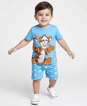 Babyhug Disney Single Jersey Knit Half Sleeves Shorts Night Suit With Winnie The Pooh Tiger Graphics - Light Blue
