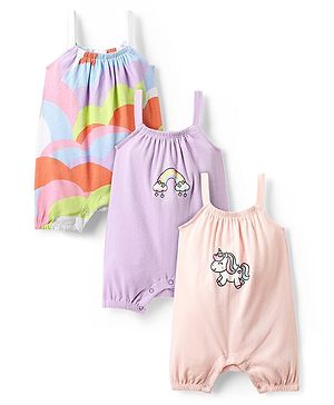 Bonfino 100% Cotton Knit Sleeveless Unicorn & Rainbow Printed Rompers Pack of 3 - Lavender White & Pink